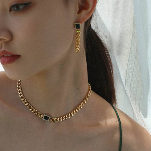 Black Bella CZ Gold Cuba Chain Necklace Earrings( Purchase Individually) - Zafari Studio Jewelry